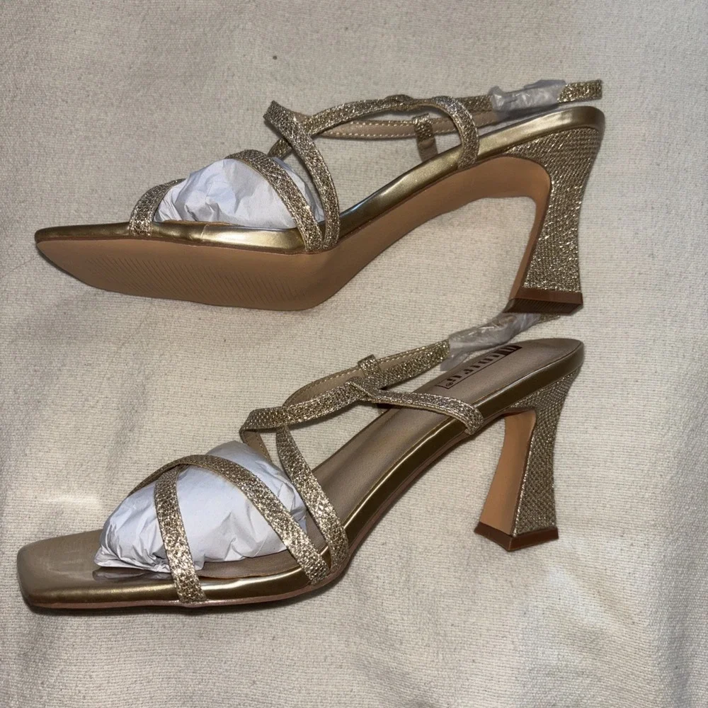 Gold Glitter Block Heel Strappy Sandals Open‎ Toe Ankle Strap  8.5 Formal